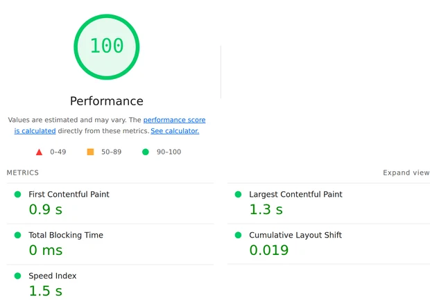 Relatório do Lighthouse para idx.ia.br: nota 100 em Performance, LCP 1,3 s, CLS 0,019, Total Blocking Time 0 ms.